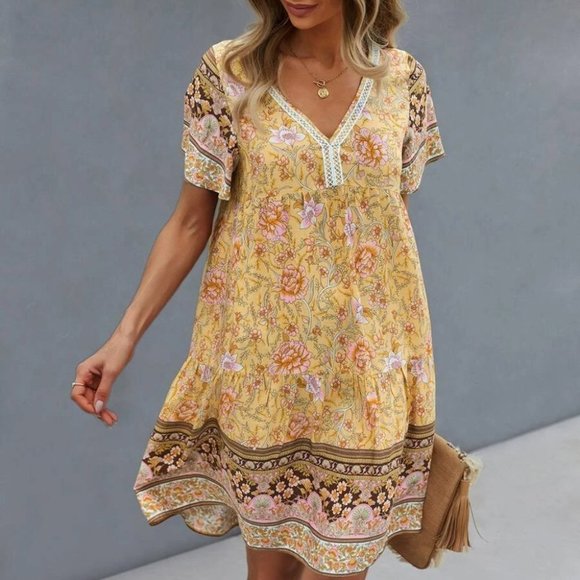 Yellow multi print Floral Smock Dress - Picture 6 of 6